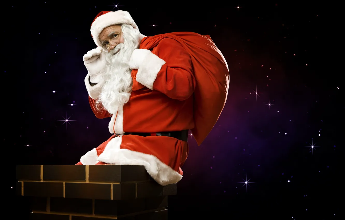 Photo wallpaper new year, Santa Claus, a bag with gifts, on the roof, sitting on the tube