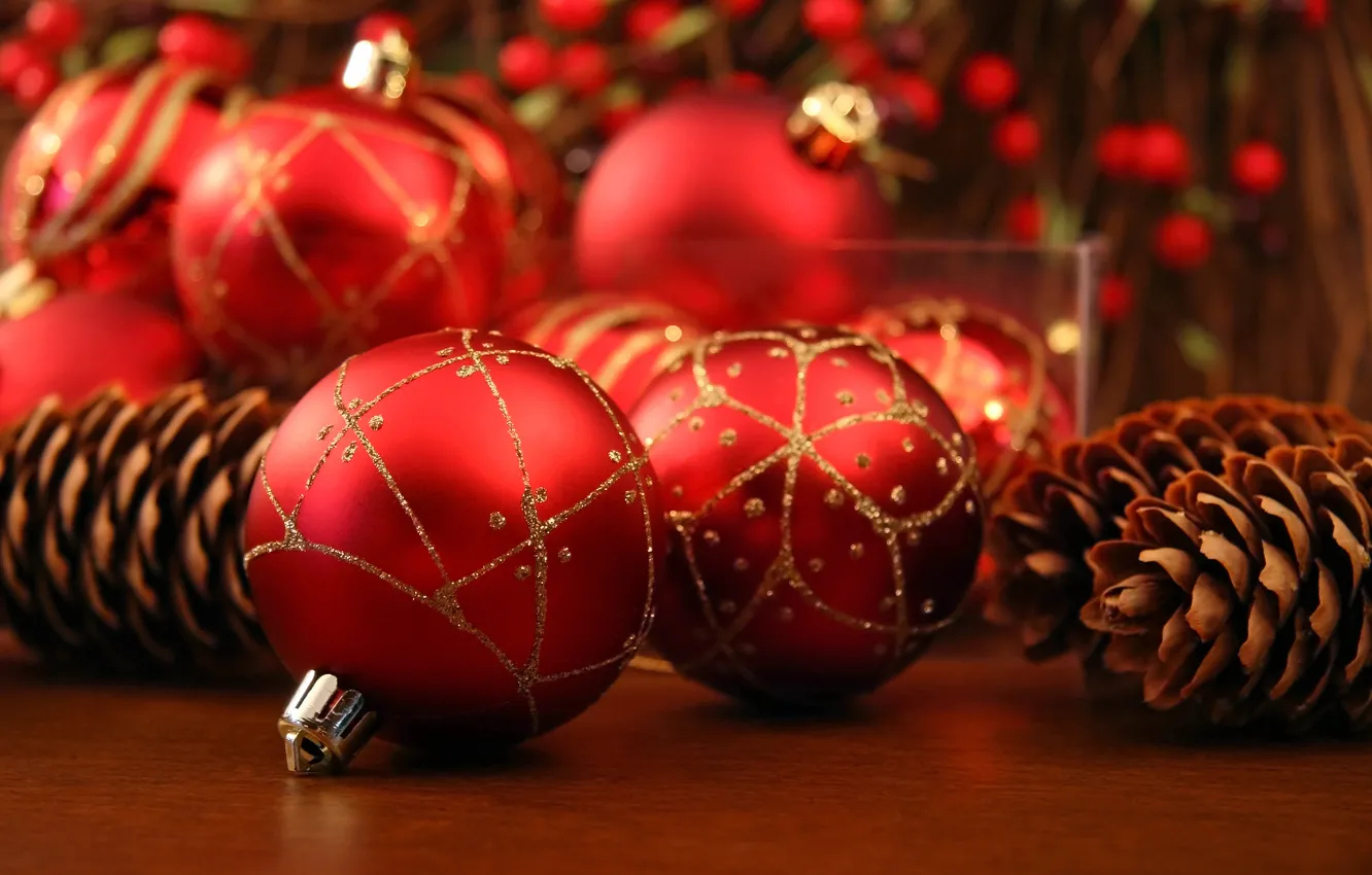 Photo wallpaper balls, holiday, balls, Christmas, red, New year, new year, Christmas