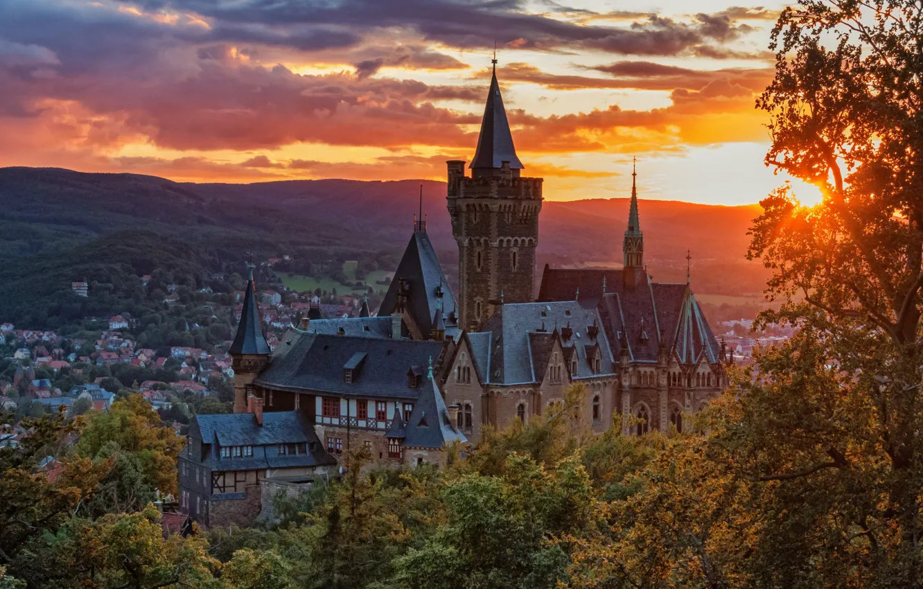 Photo wallpaper landscape, sunset, mountains, nature, the city, castle, the evening, Germany