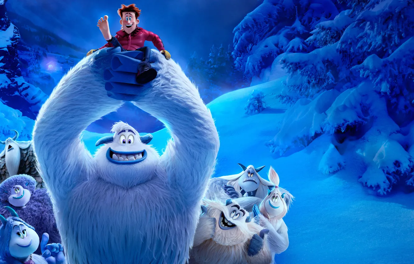 Photo wallpaper winter, forest, snow, trees, blue, people, cartoon, being