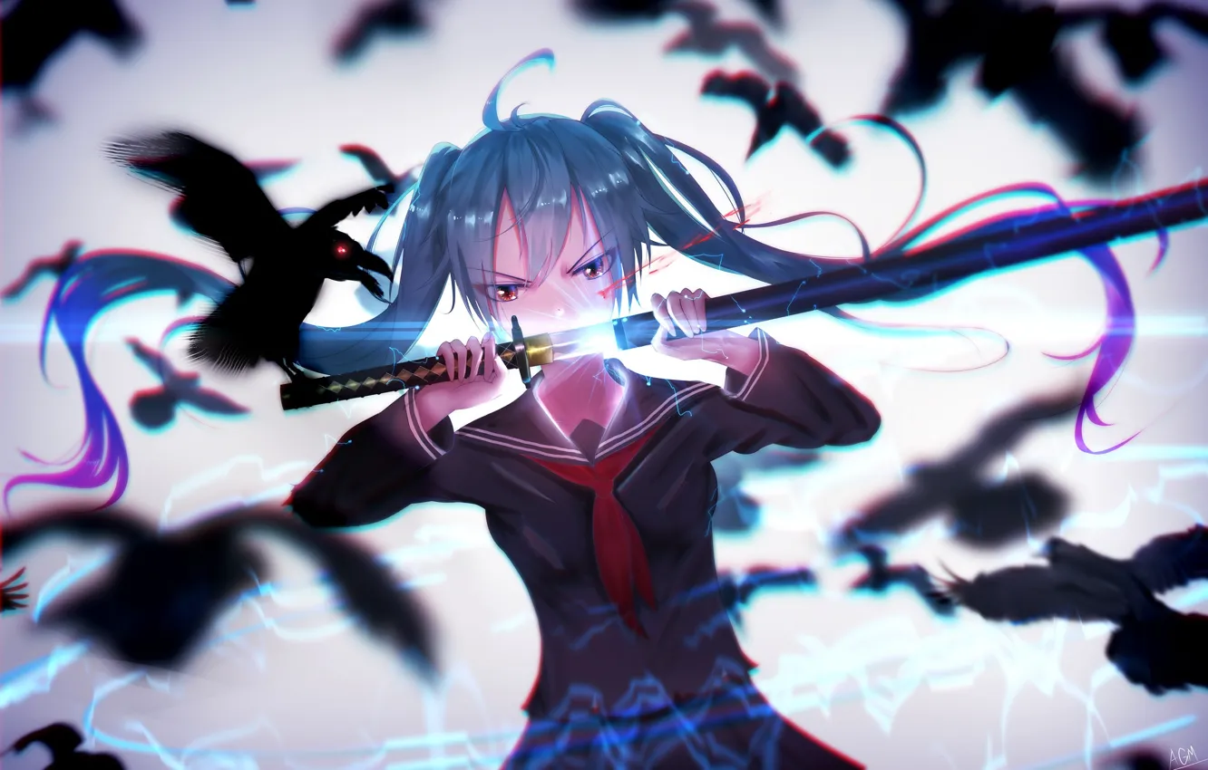 Photo wallpaper look, sword, katana, Hatsune Miku, Vocaloid, Vocaloid, Hatsune Miku