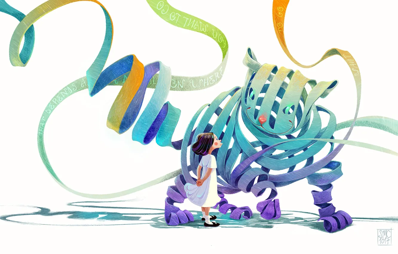 Photo wallpaper cat, the inscription, girl, tape, Alice