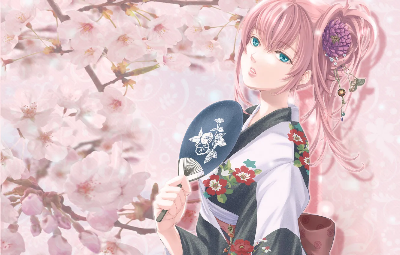 Photo wallpaper girl, spring, anime, Sakura, fan, kimono