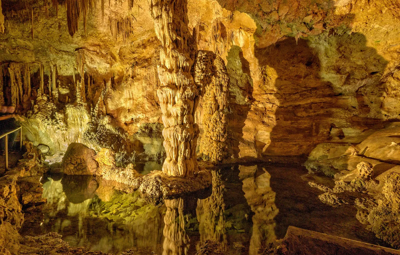 Photo wallpaper water, light, columns, cave, USA, New Mexico, the grotto, Carlsbad Caverns National Park