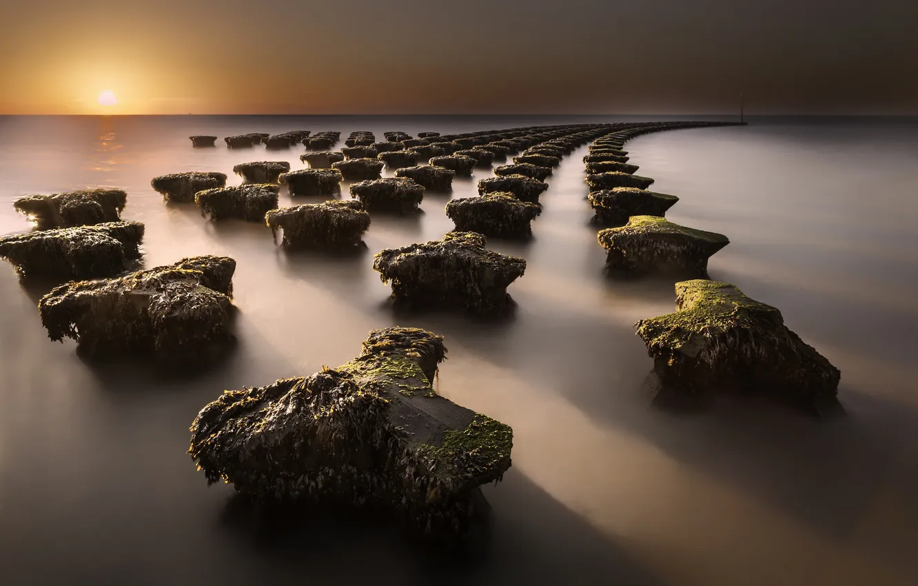 Photo wallpaper sea, the sky, the sun, sunset, support