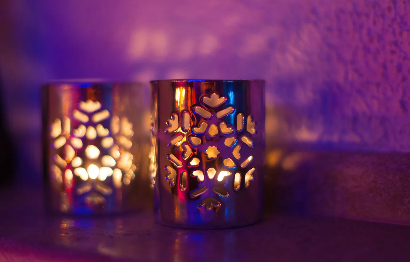 Photo wallpaper light, snowflakes, shadow, candles, candle holder