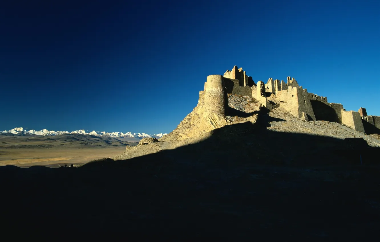 Photo wallpaper the sky, light, mountains, blue, castle, hills, desert, shadow