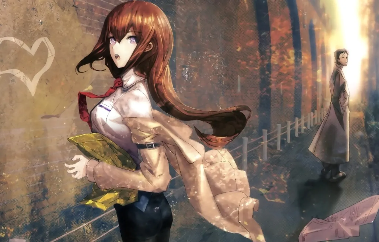 Photo wallpaper girl, the city, wall, art, hearts, guy, the fence, steins gate