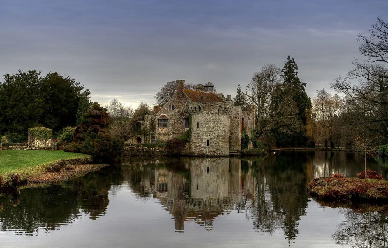 Photo wallpaper the sky, water, trees, landscape, nature, reflection, castle