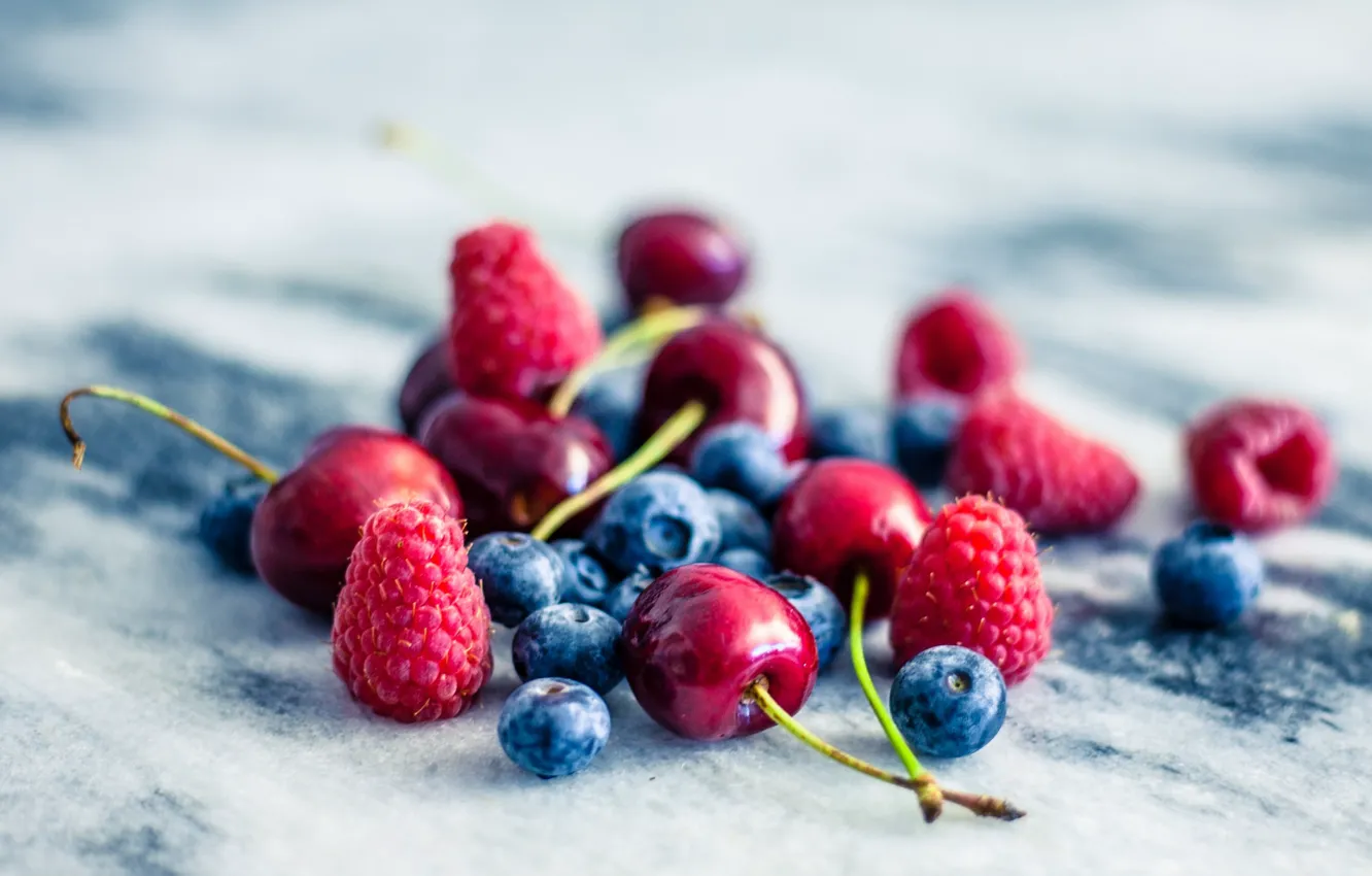 Photo wallpaper summer, berries, raspberry, cherry, blueberries