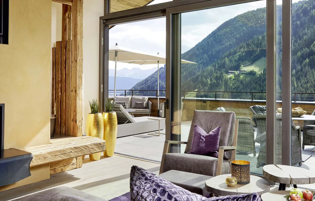 Photo wallpaper interior, chair, balcony, fireplace, terrace, Chalet