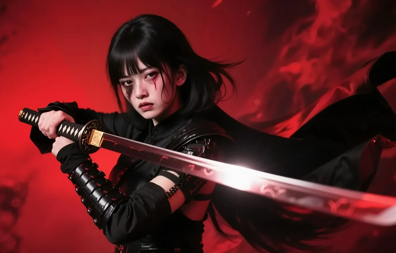Photo wallpaper red, katana, samurai, warrior, atmosphere