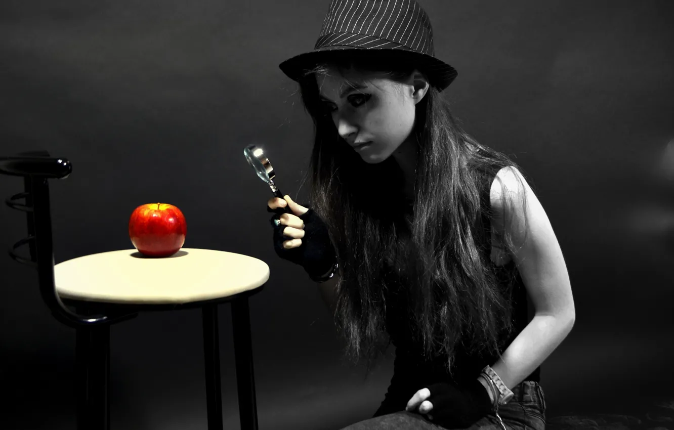 Photo wallpaper apple, Light, hat, woman, evidence