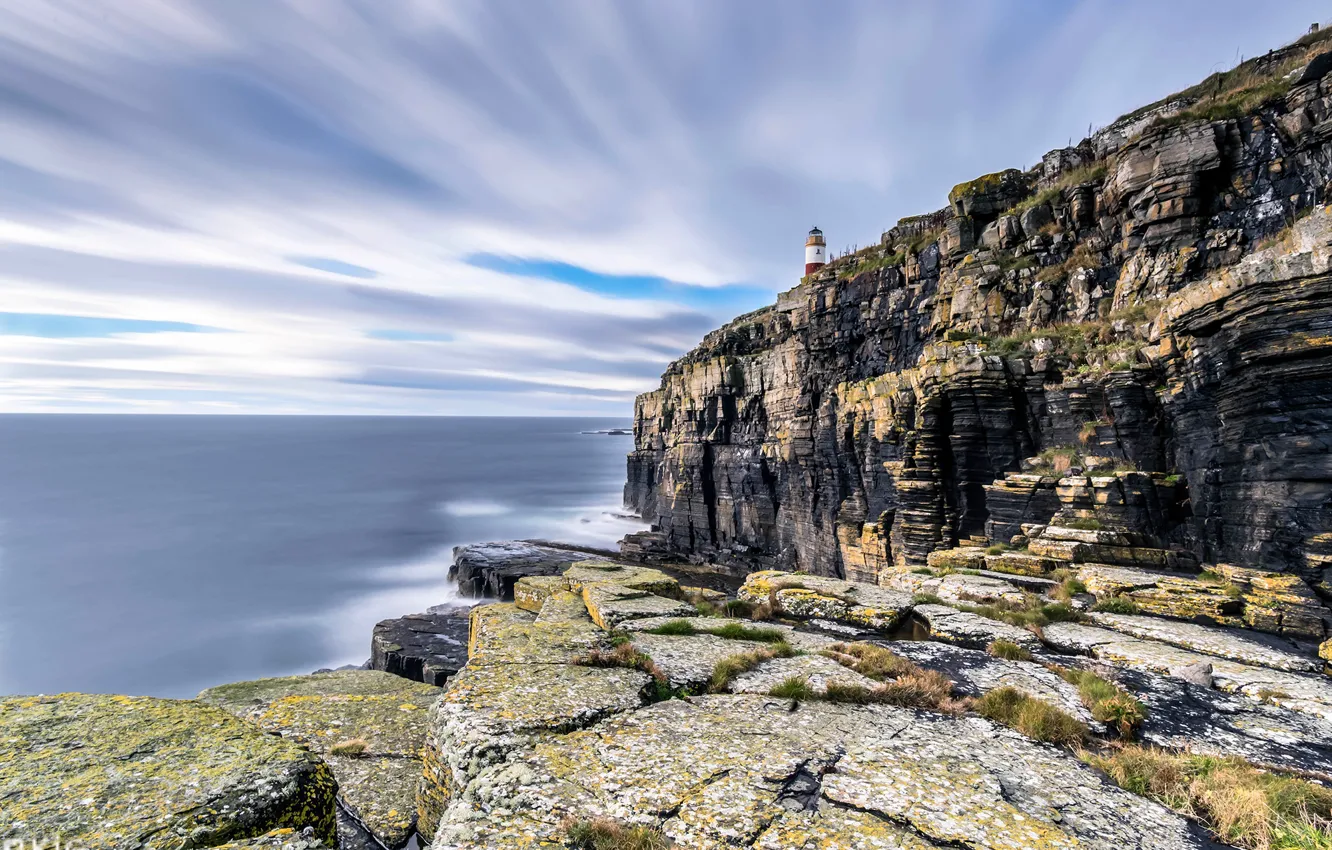 Photo wallpaper sea, the sky, clouds, stones, rocks, shore, lighthouse, horizon