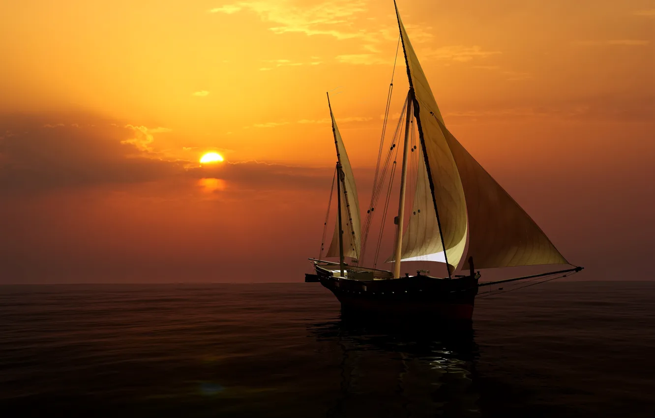 Photo wallpaper sea, the sky, sunset, yacht, horizon, sails, 3D