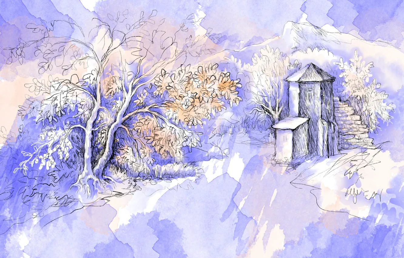 Photo wallpaper trees, landscape, figure, graphics, tower, pencils, watercolor, graphics