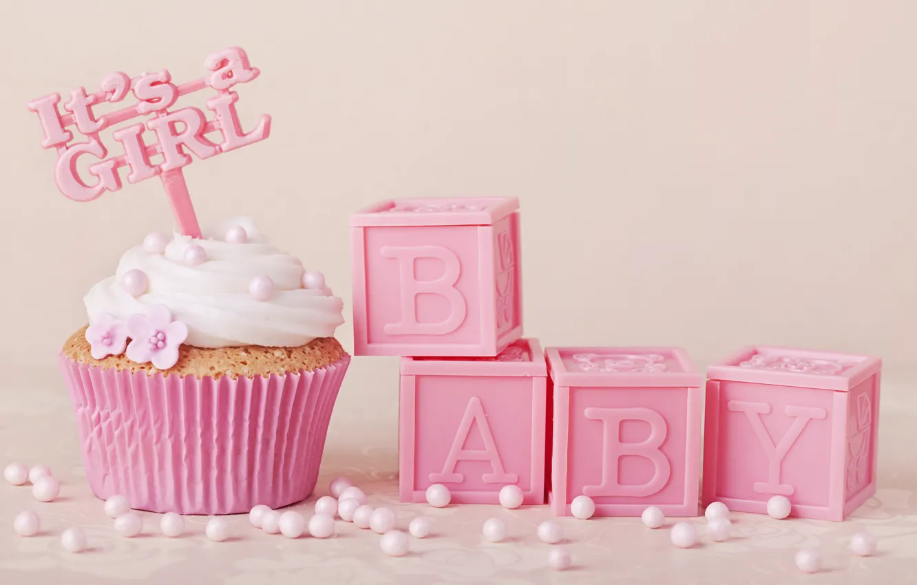 Photo wallpaper decoration, pink, cream, pink, sweet, cupcake, baby, cupcakes