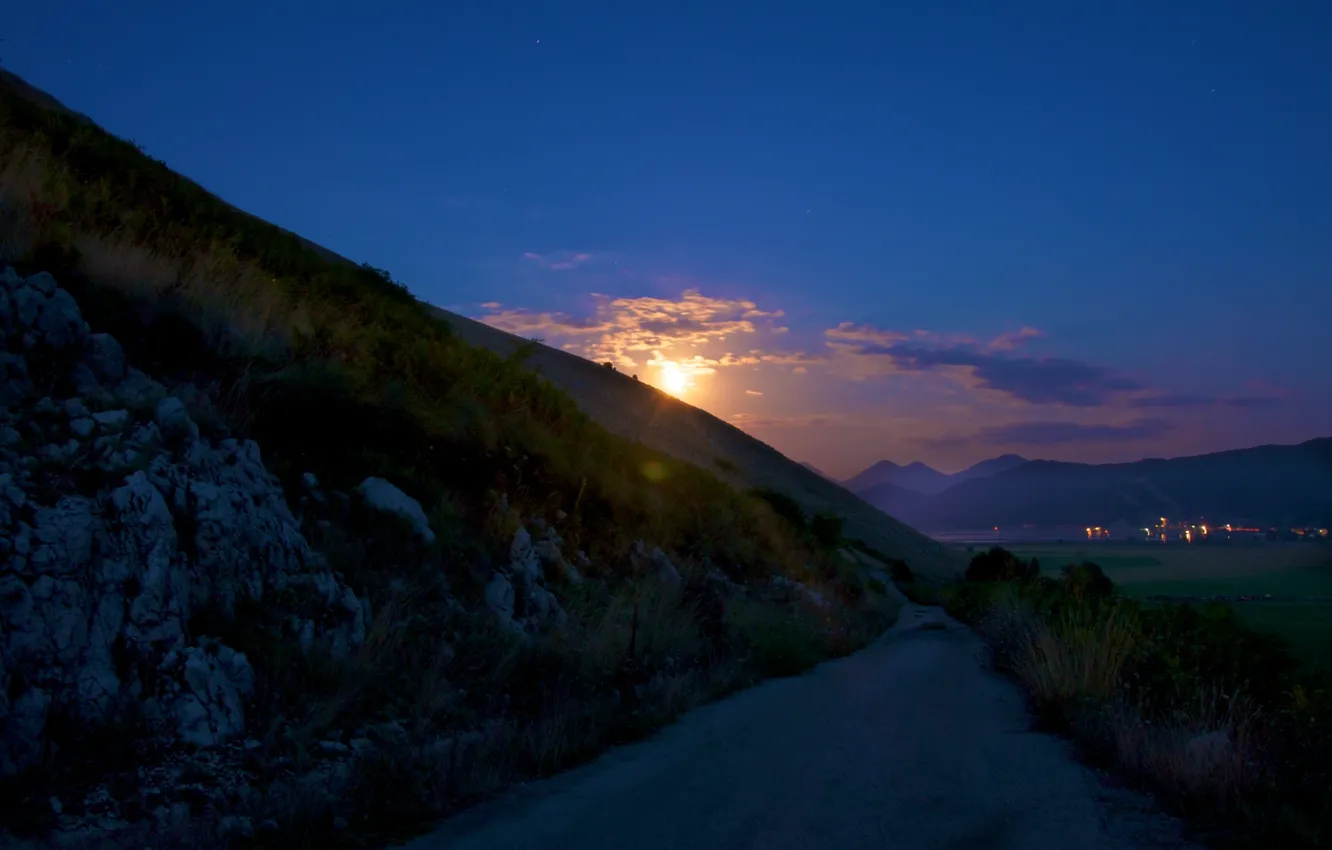 Photo wallpaper road, night, nature, the moon, moon, road, nature, night