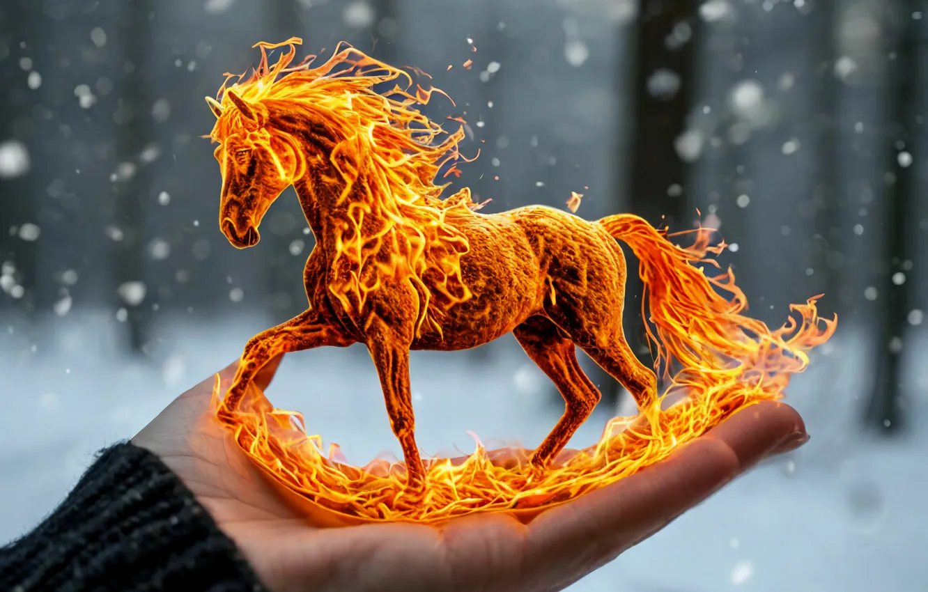 Photo wallpaper winter, snow, lights, horse, horse, hands, different, The Fiery Horse