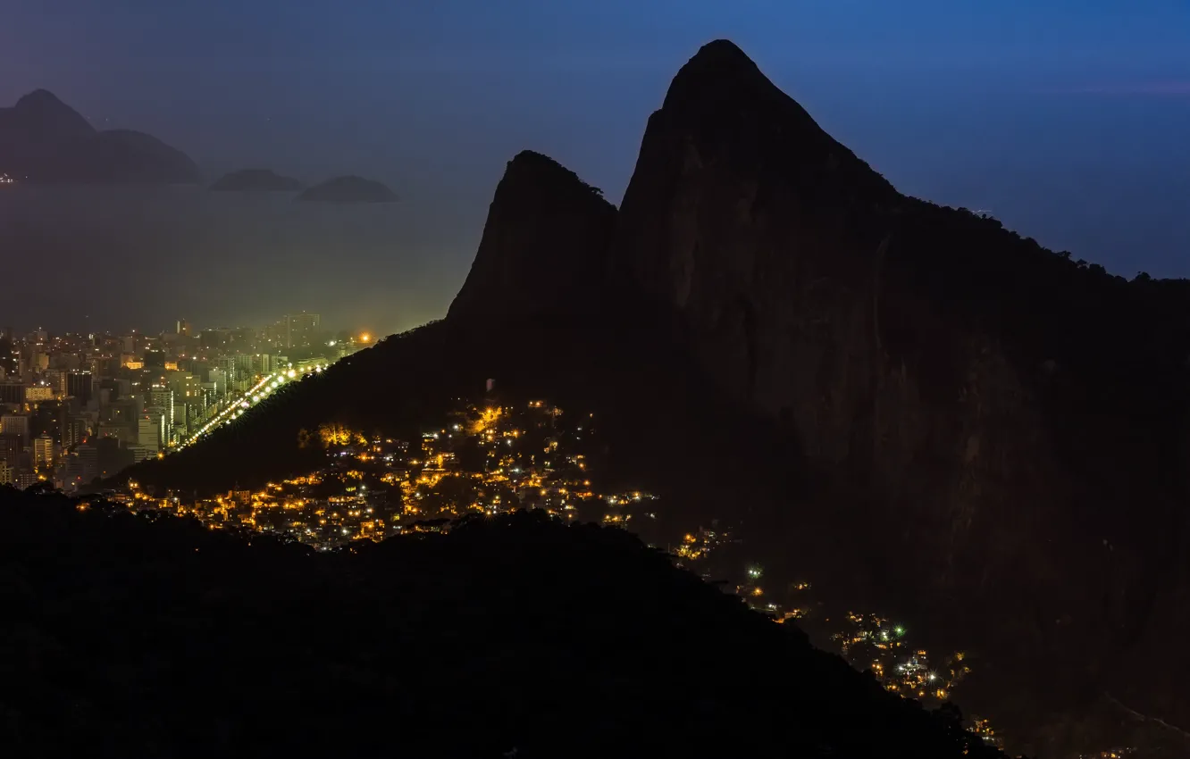 Photo wallpaper mountains, night, the city, lights, panorama, Rio de Janeiro