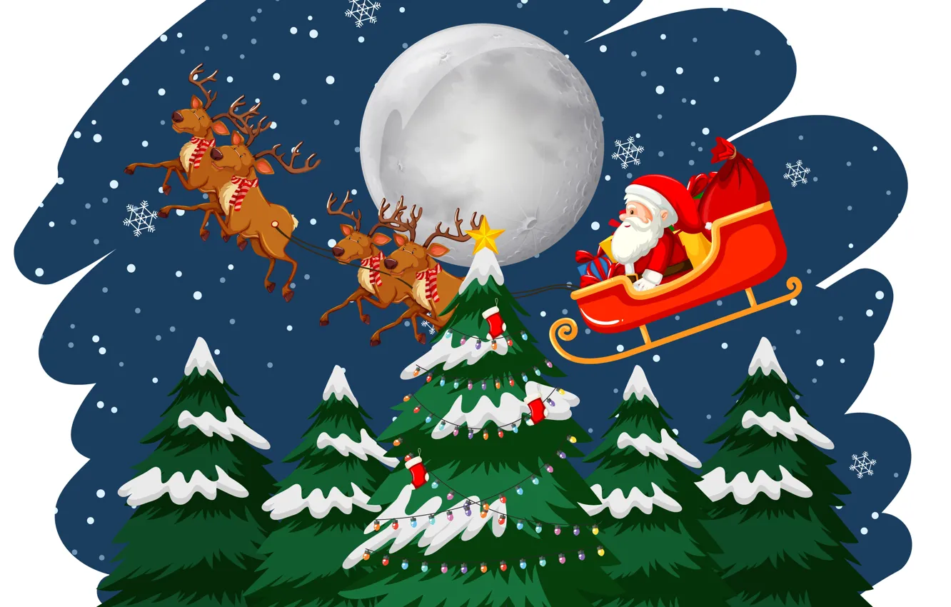 Photo wallpaper Winter, Night, Snow, The moon, Christmas, New year, Santa Claus, Deer