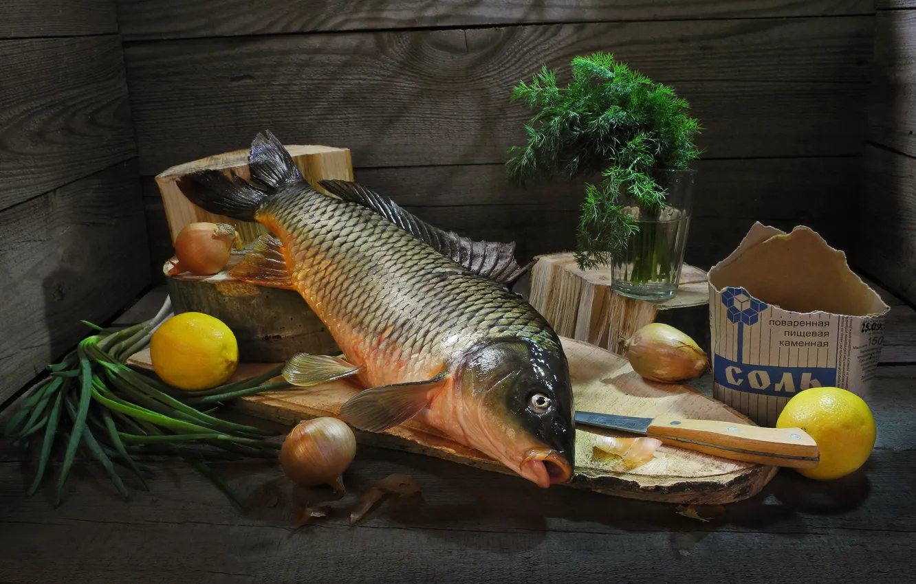 Photo wallpaper glass, Board, fish, bow, dill, knife, lemons, salt