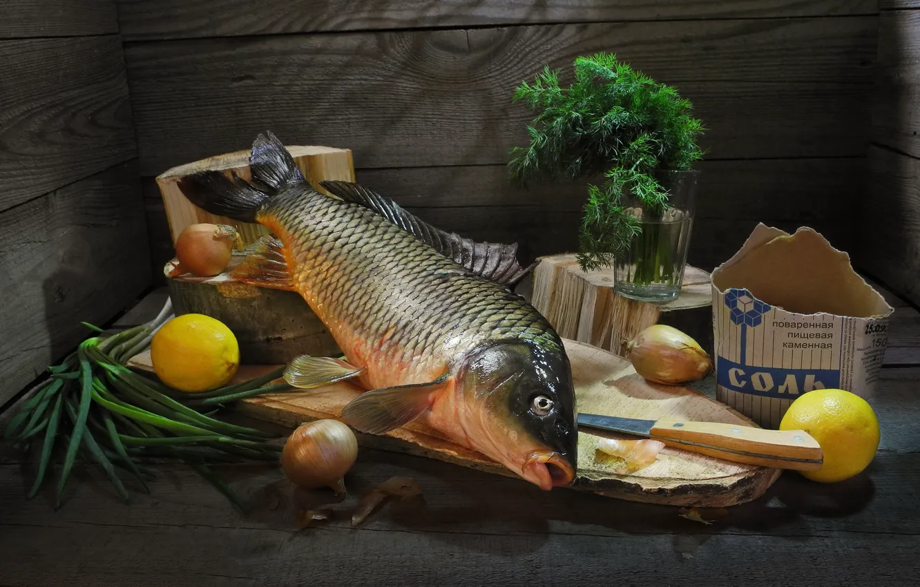 Photo wallpaper glass, lemon, Board, fish, bow, dill, knife, salt