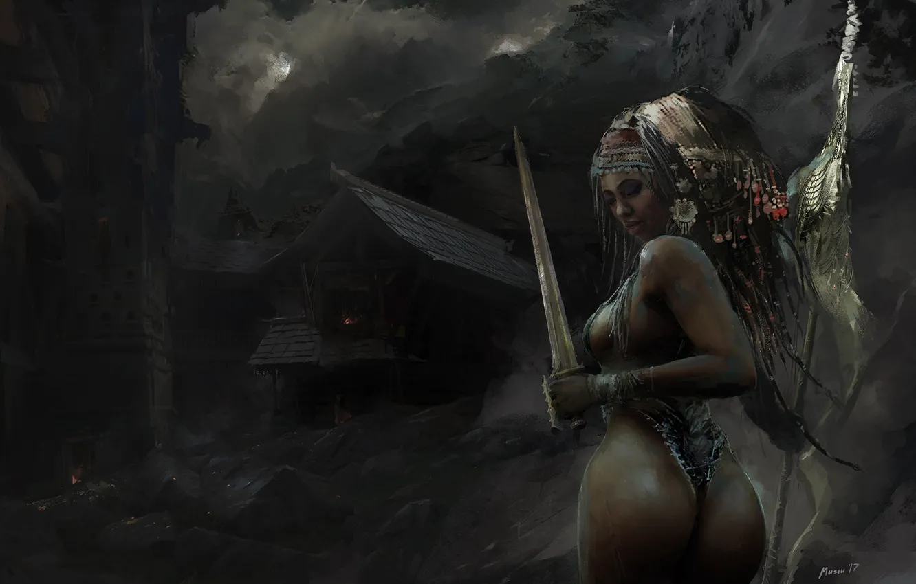 Photo wallpaper girl, fantasy, spear, hut, warrior, Sergey Musin, Into the Dark