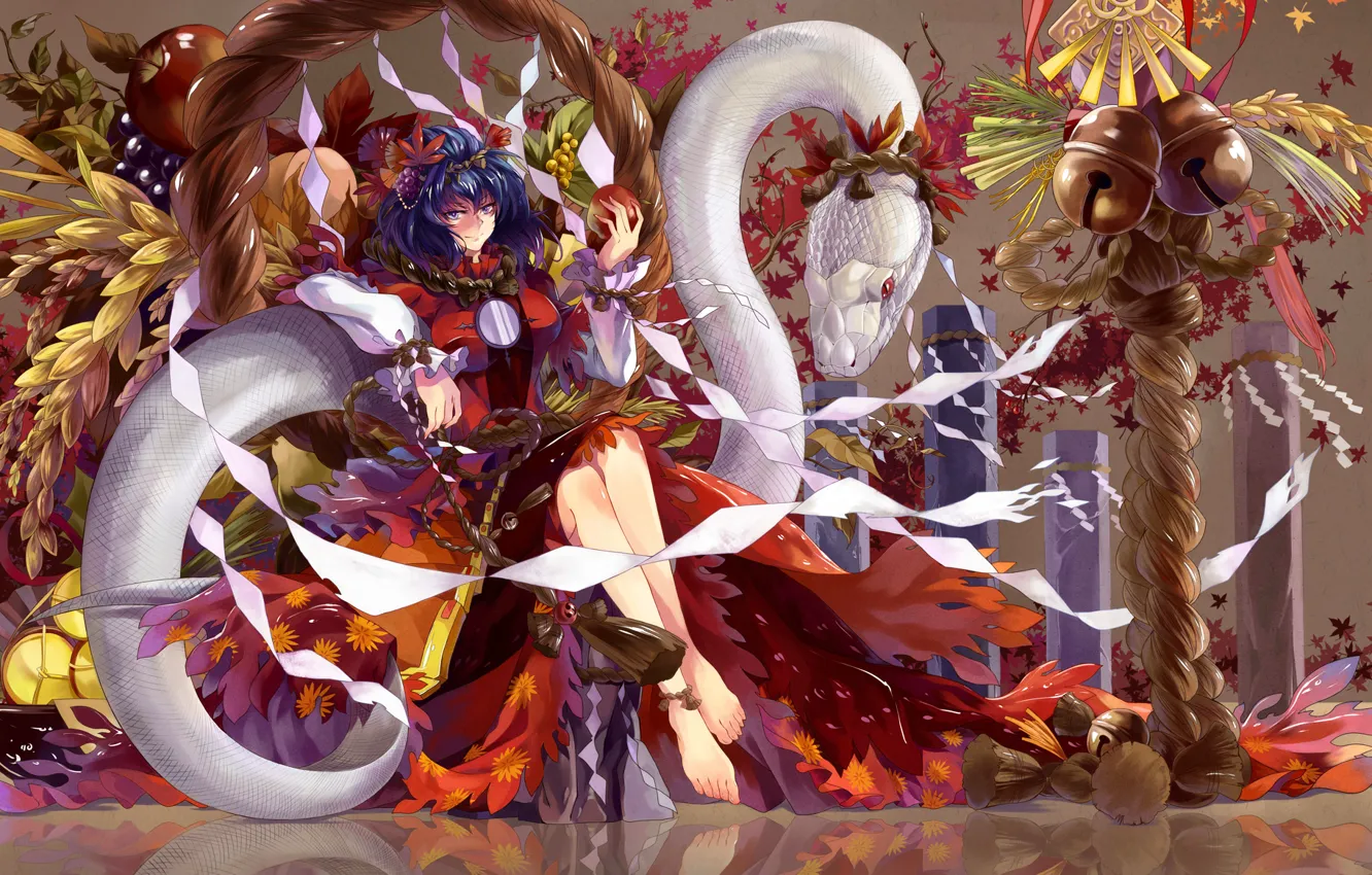 Photo wallpaper girl, apple, Apple, girl, touhou, yasaka kanako, white snake