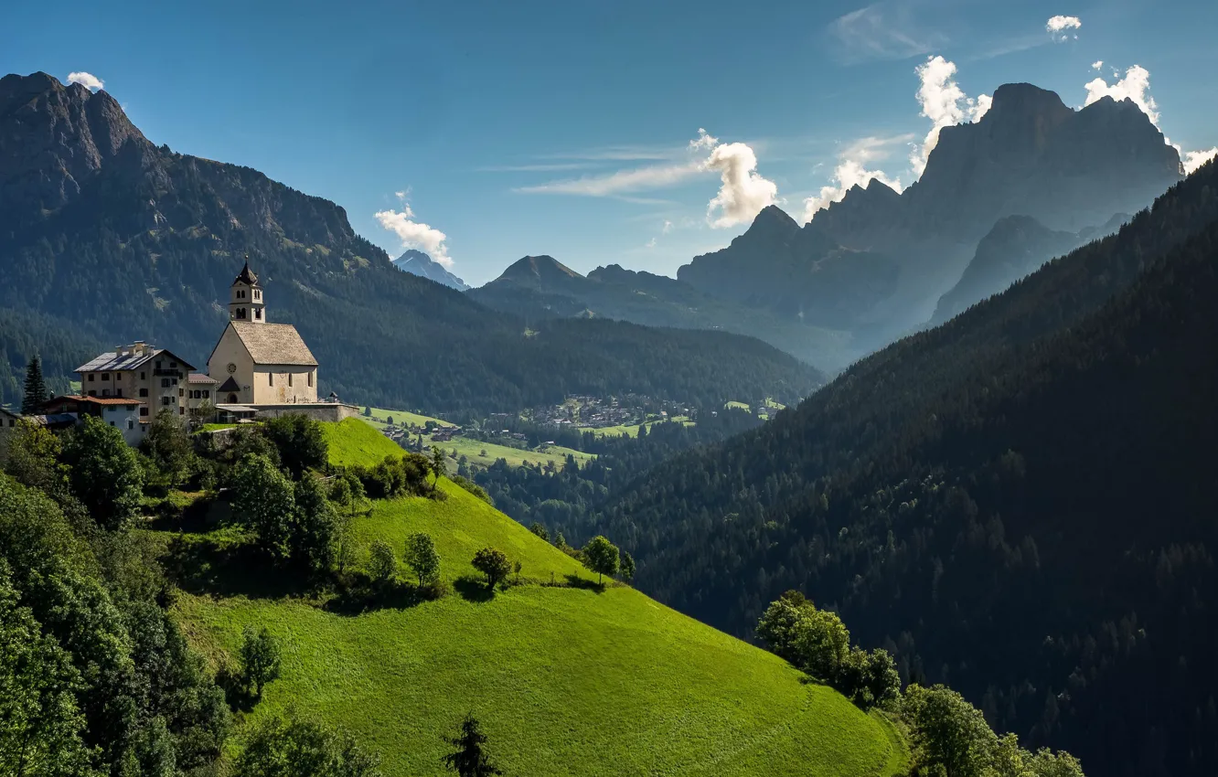 Photo wallpaper clouds, mountains, Church