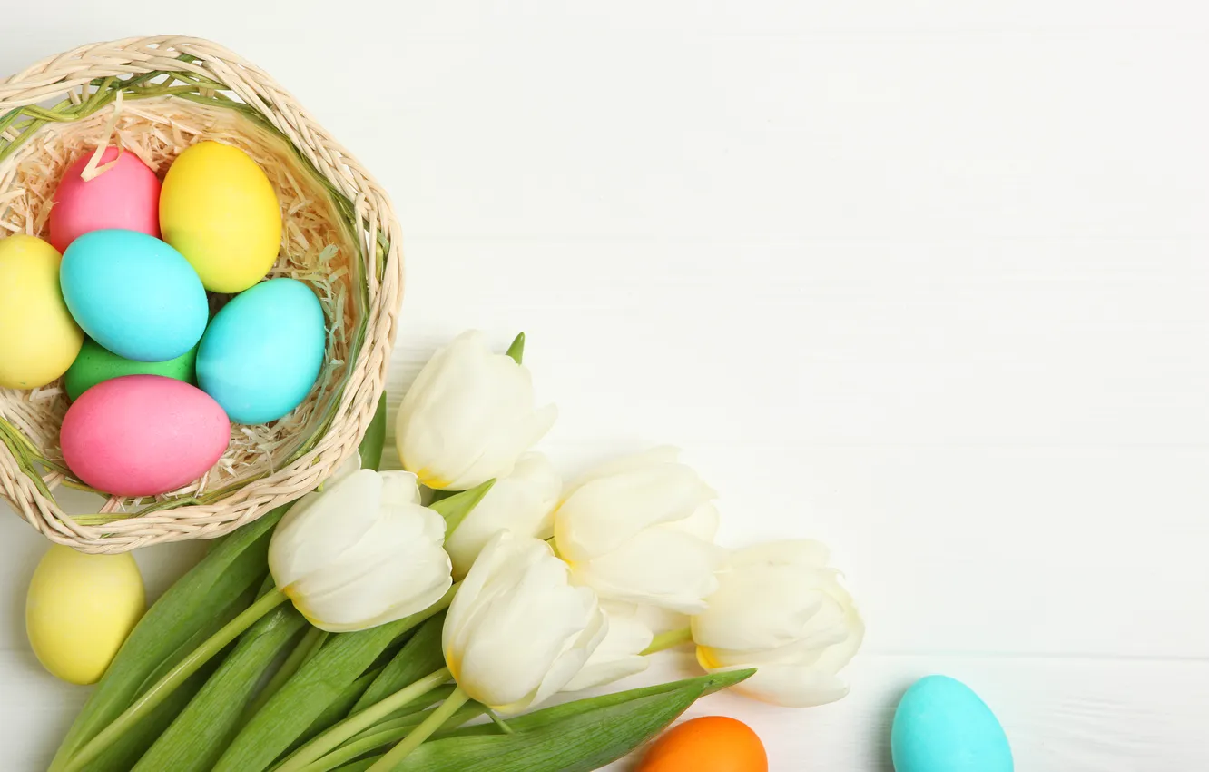 Photo wallpaper flowers, eggs, spring, colorful, Easter, tulips, wood, flowers