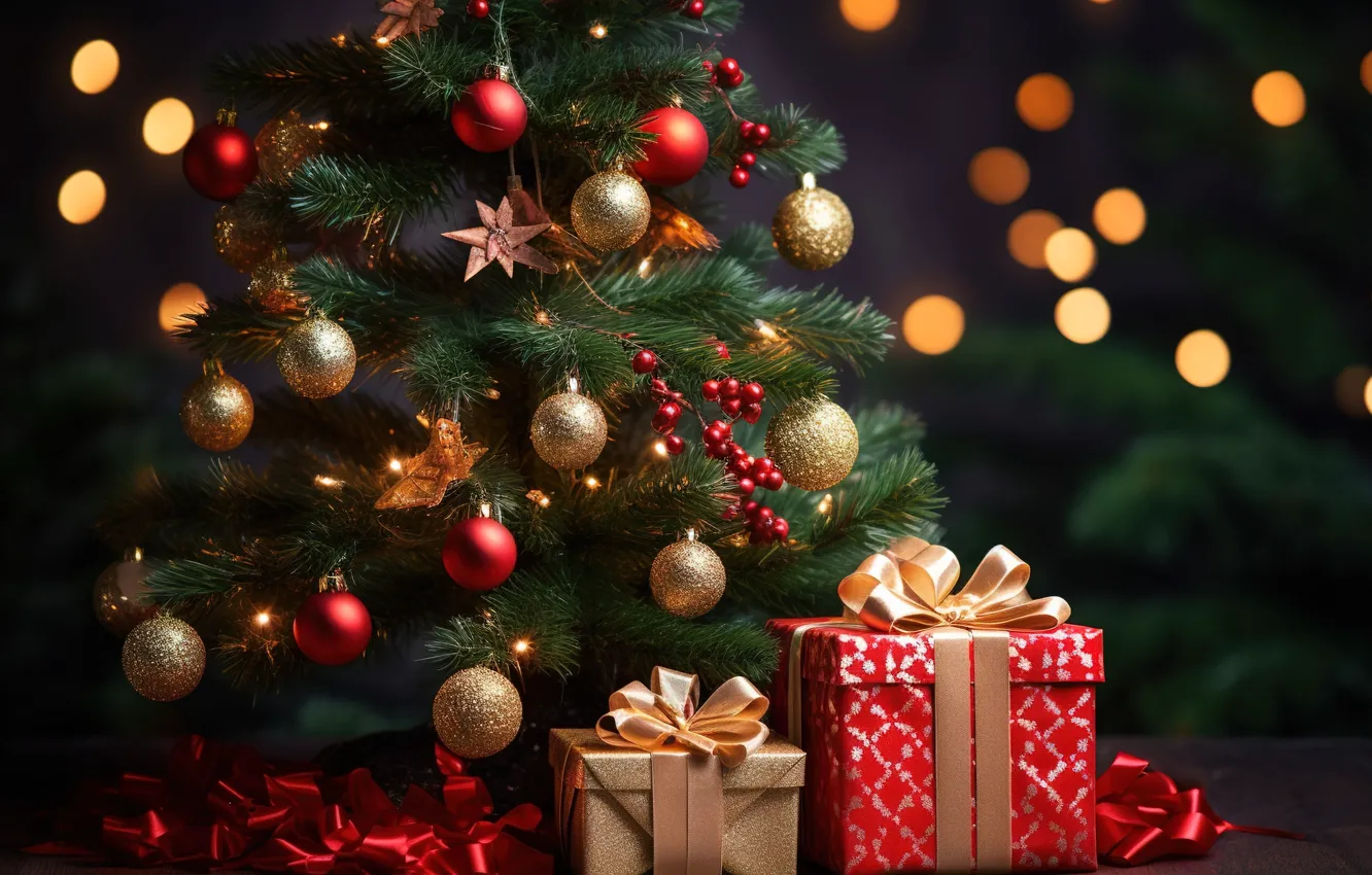 Photo wallpaper decoration, gift, balls, tree, new year, Christmas, Christmas, balls