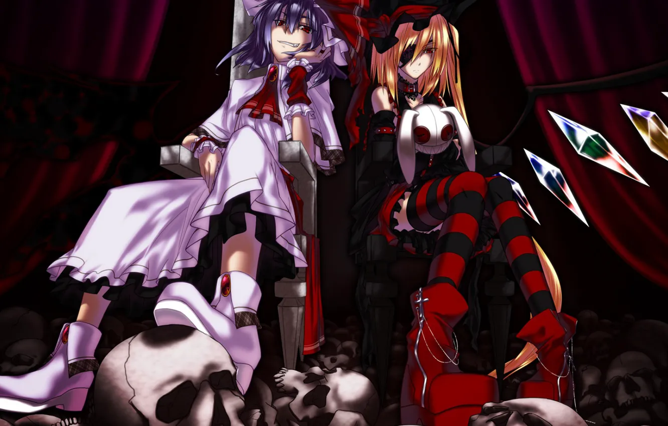Photo wallpaper skull, the throne, eye patch, in the dark, Touhou Project, Remilia Scarlet, Flandre Scarlet, hell …