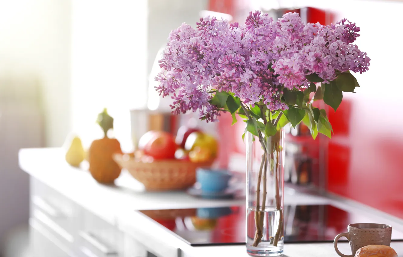 Photo wallpaper flowers, room, bouquet, mug, vase, lilac, bokeh