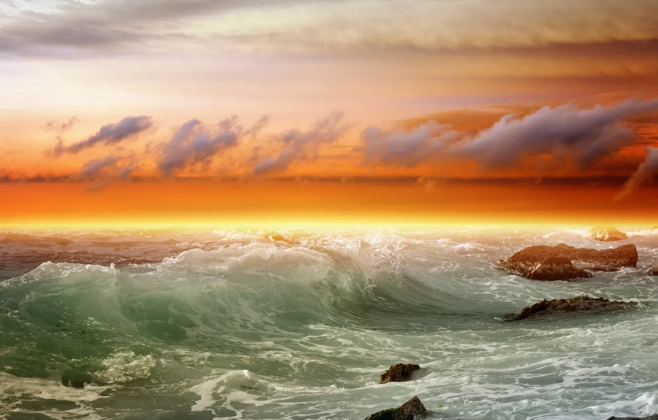 Photo wallpaper sea, wave, clouds, stones, surf