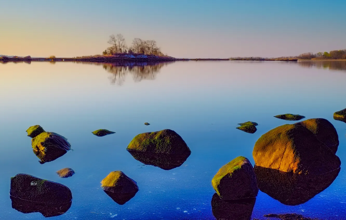 Photo wallpaper the sky, lake, stones, dawn, island