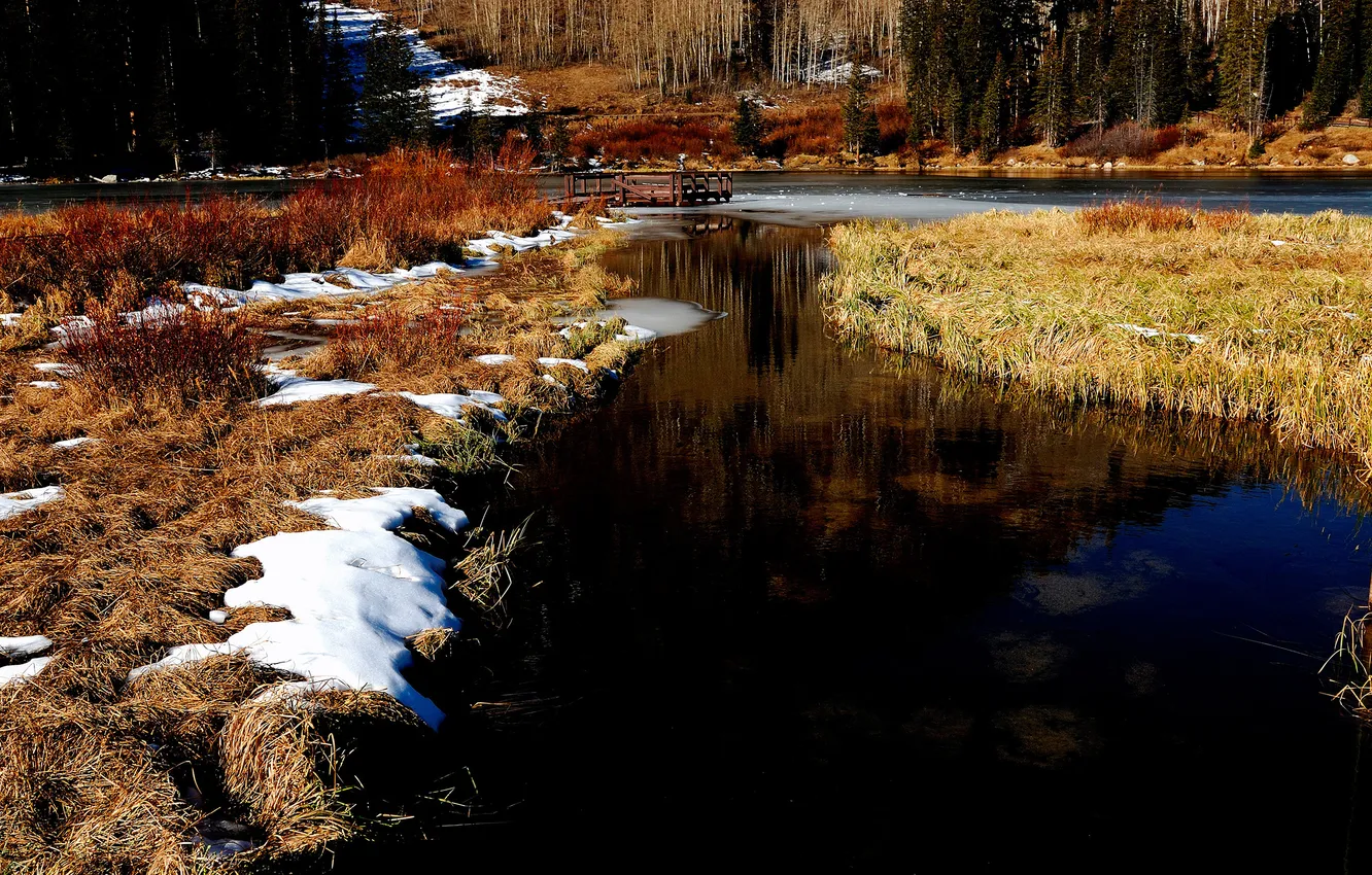 Photo wallpaper snow, nature, river, spring