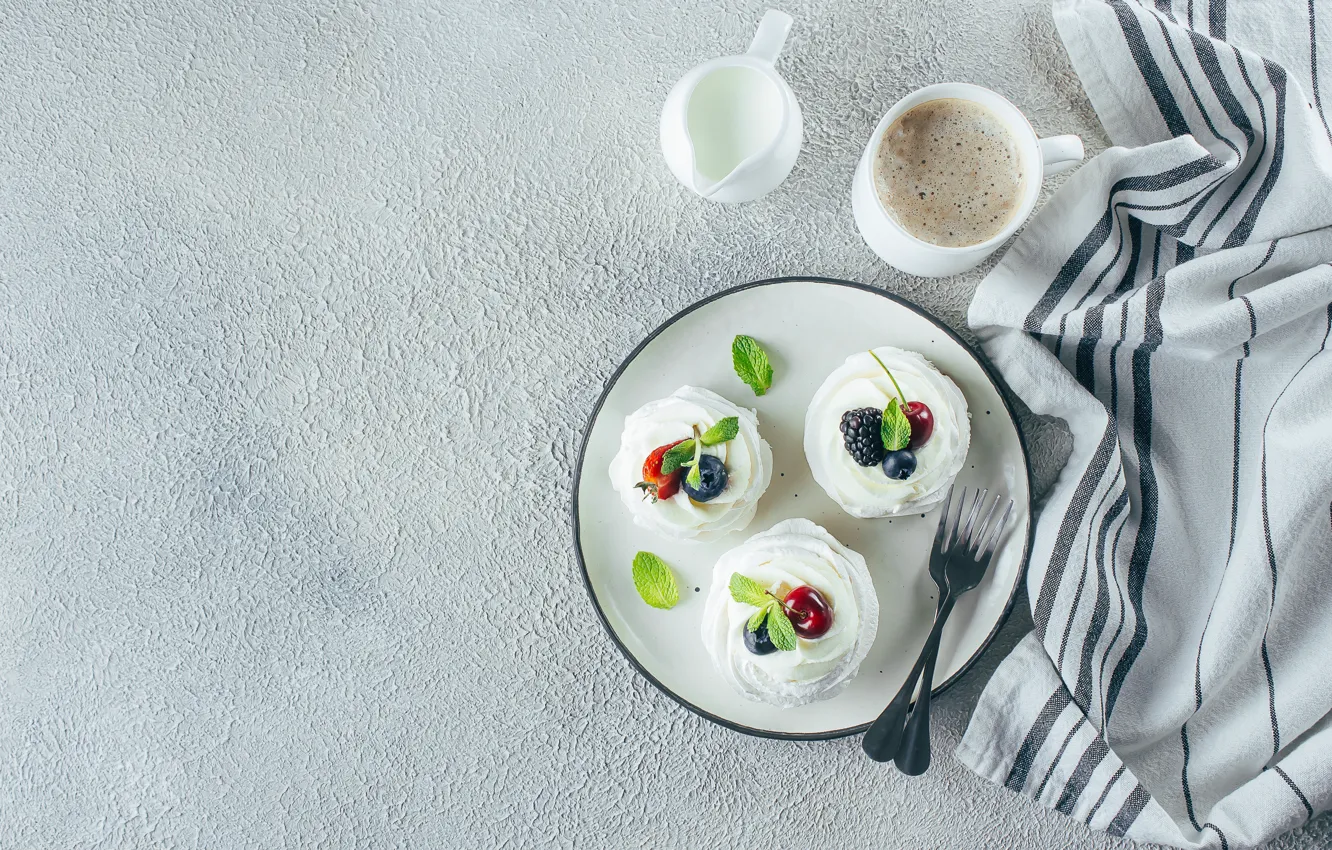 Photo wallpaper berries, coffee, cream, cake, fruit, cream, meringue