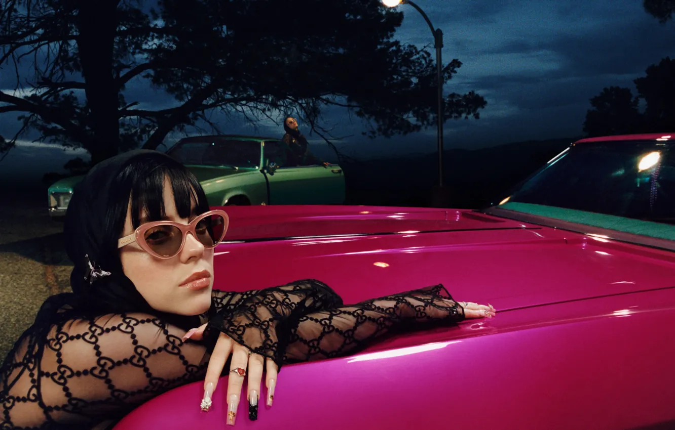 Photo wallpaper girl, brunette, glasses, Gucci, Billie Eilish, Billy Iles, Glasses advertising campaign, Automolbil