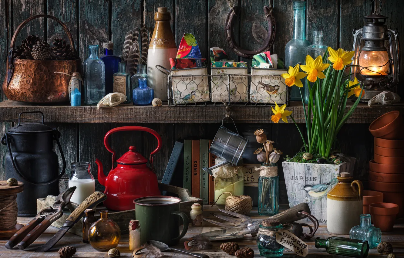 Photo wallpaper books, bouquet, kettle, mug, bottle, daffodils, horseshoe, kerosene lamp