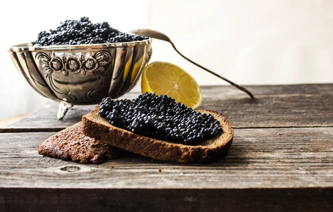 Photo wallpaper lemon, black, bread, spoon, caviar, bread, sandwiches, seafood