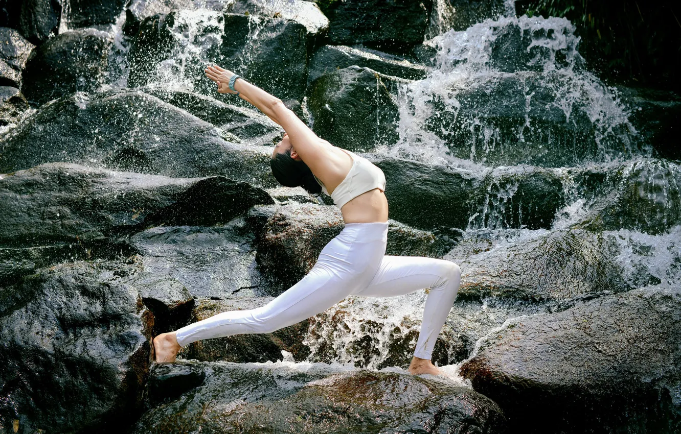 Photo wallpaper water, girl, nature, pose, stones, gymnastics, yoga, Asian
