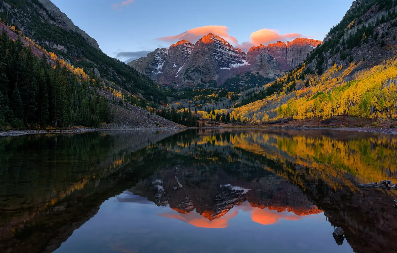 Photo wallpaper autumn, forest, mountains, lake, USA