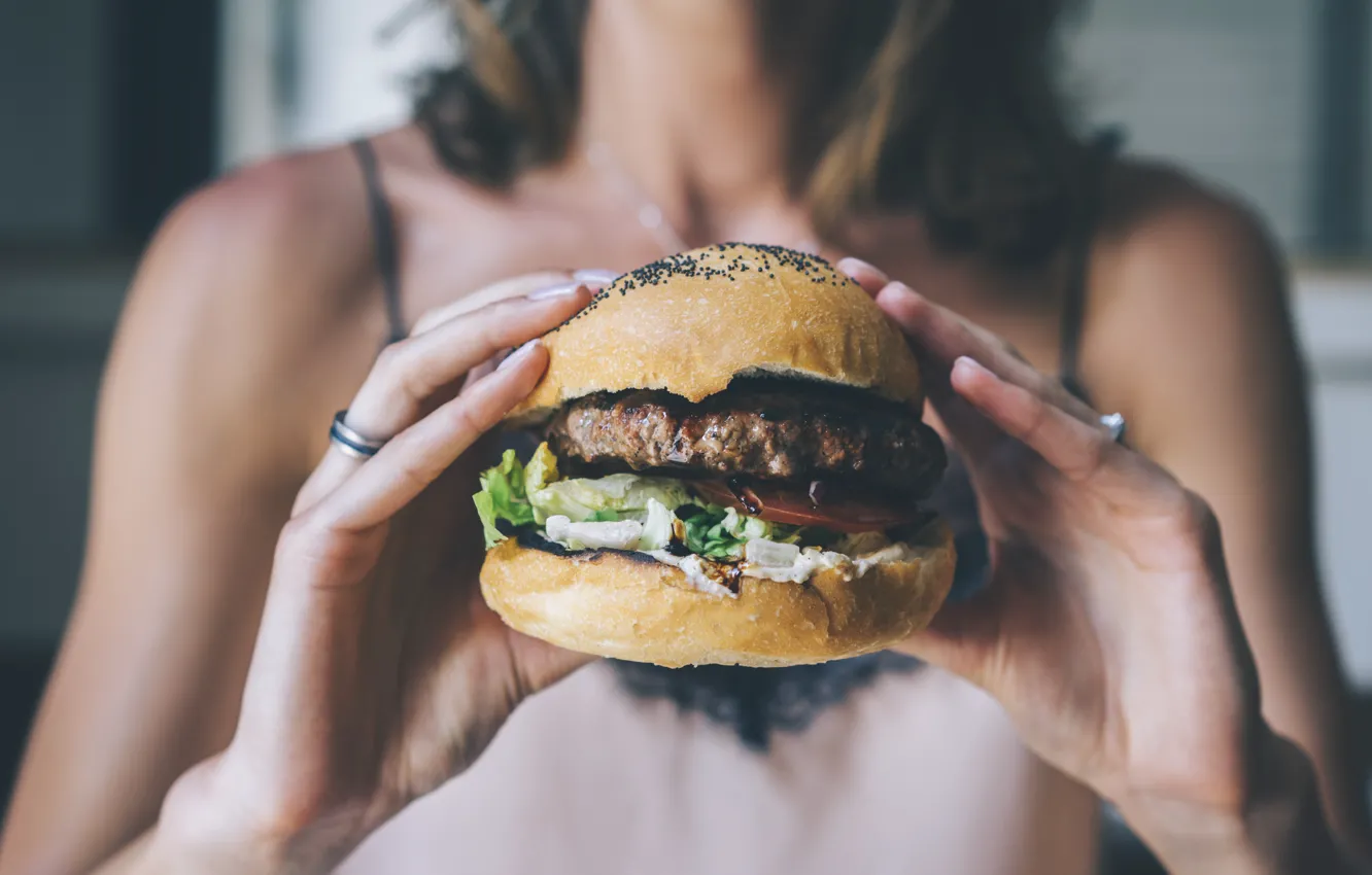 Photo wallpaper woman, fingers, meat, hamburger