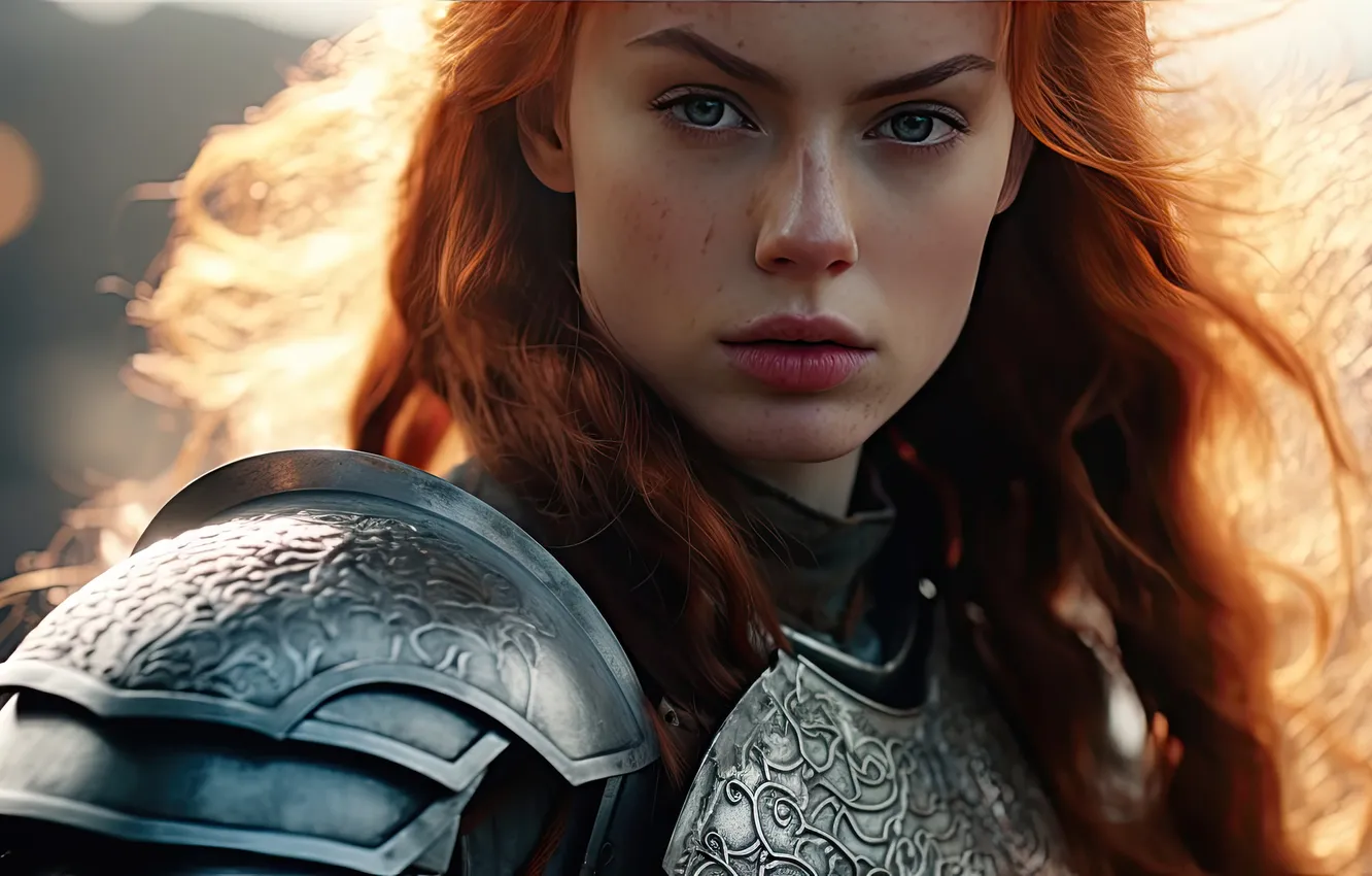 Photo wallpaper look, girl, light, face, portrait, armor, fantasy, knight