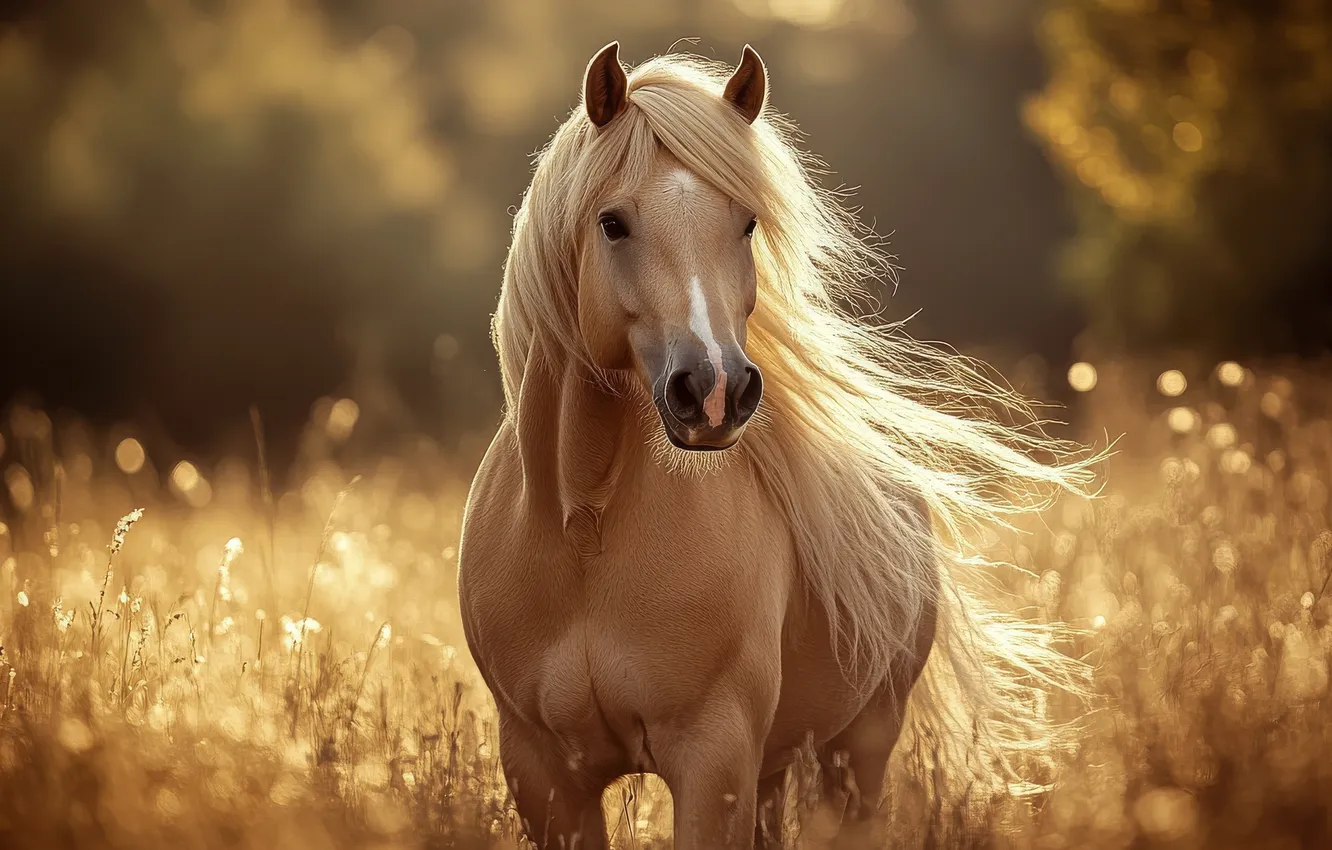 Photo wallpaper field, summer, look, face, light, nature, horse, the wind