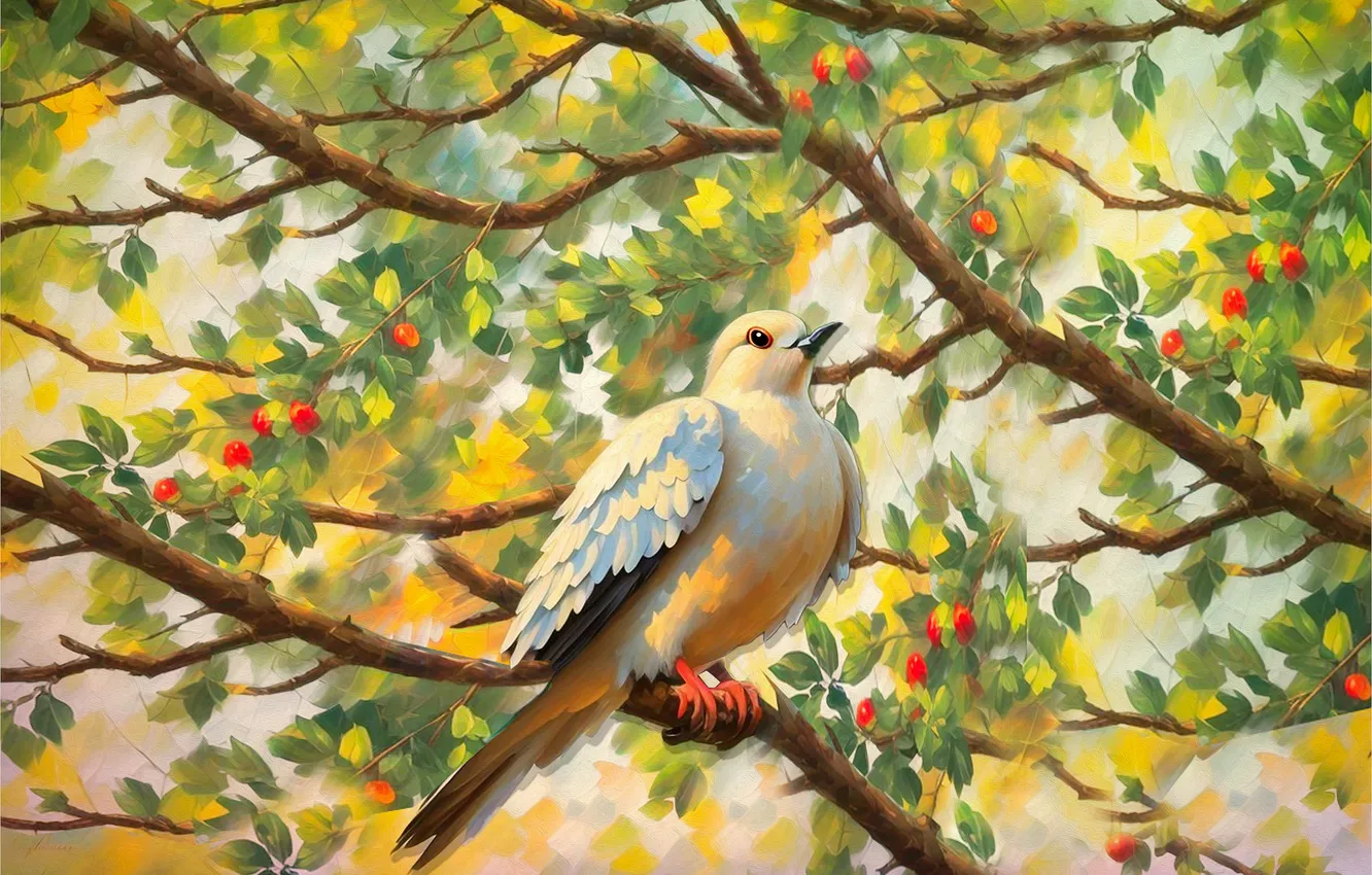 Photo wallpaper look, leaves, trees, branches, cherry, pose, berries, bird