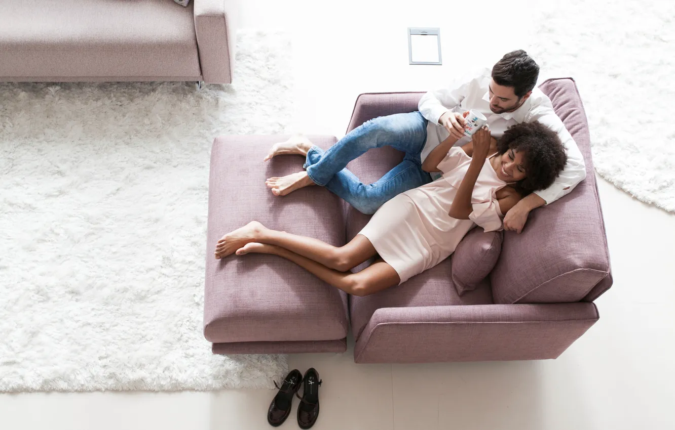 Photo wallpaper girl, top, male, two, Modern design, The interior of the living room in a modern …