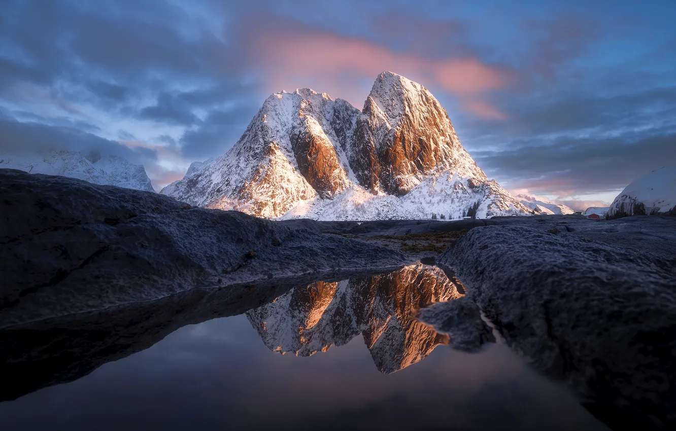 Photo wallpaper snow, mountains, lake, space, haze, the reflection in the water, Norway, the beauty of nature