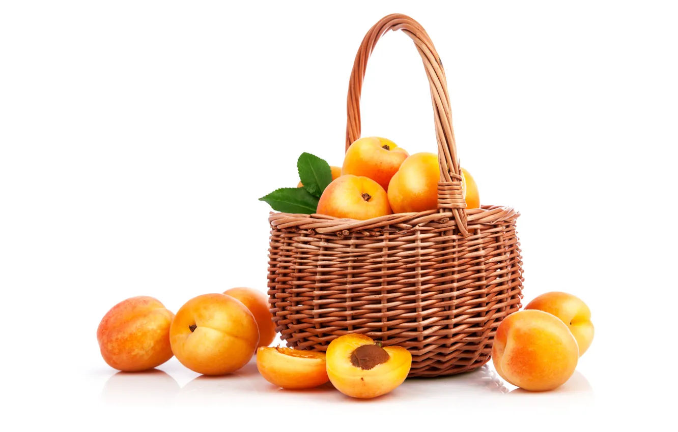 Photo wallpaper basket, white background, fruit, peaches